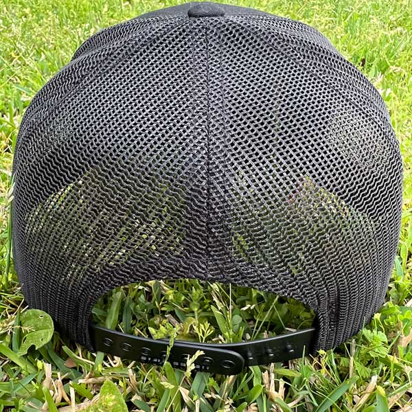 back of hat with black mesh and adjustable strap