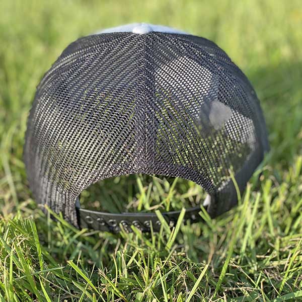 flag patch hat gray front black mesh back with adjustable strap