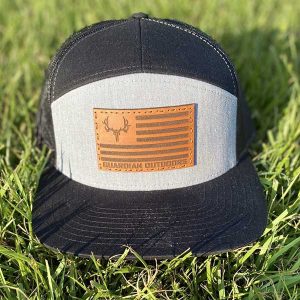 front of black flat bill flag patch hat leather patch