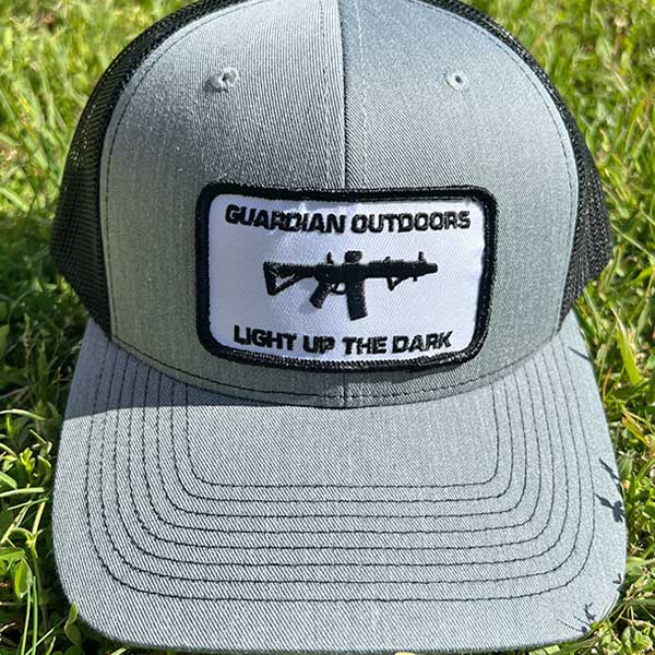 Light up the Dark front of hat heather gray with black mesh